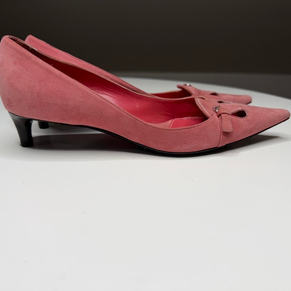 Vintage Bally Pink Suede Kitten Heels Y2K 90s Pointed Toe Bow Pumps EU 36.5 US 6